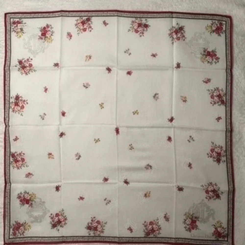 Vtg CHRISTIAN DIOR Scarf Handkerchief Floral Rose White Red 19